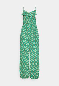 Bezramenný zelený overal s bílým a žlutým diamantovým vzorem, volánkovým výstřihem, nastavitelnými ramínky a odpovídajícím páskem ze stejného materiálu.