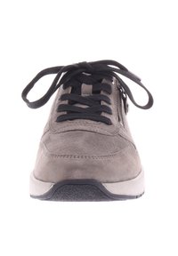 Gray suede sneaker with black laces and side zip. Features a textured surface, rounded toe, and a white rubber sole with contrasting accents.