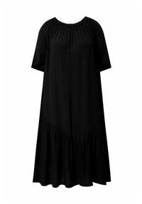 Vestido negro con mangas cortas, escote fruncido y un dobladillo acampanado con borde ondulado. Hecho de una tela ligera, de textura suave.