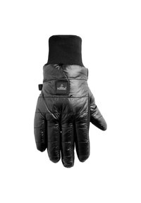 Zwarte geïsoleerde handschoenen met een geborduurd ontwerp, voorzien van een ribbelmanchet en een rechthoekig logo-patch op de pols. Gladde buitenkant.