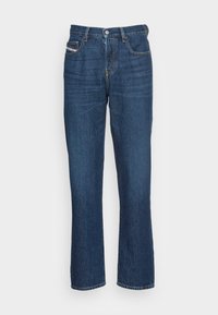 Denim jeans in dark blue with a straight-leg design. Features belt loops, two front pockets, and a button closure at the waist.