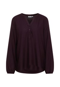 Langärmlige dunkelviolette Bluse mit V-Ausschnitt, drei Knöpfen und elastischen Bündchen, in der Größe S von der Marke Cecil gekennzeichnet.