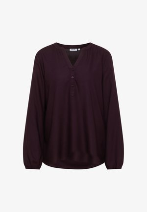 Blouse à manches longues de couleur violet foncé avec décolleté en V, trois boutons et poignets élastiques, taille petite, marque Cecil.