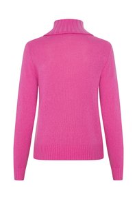 Roze pullover trui met een hoge geribbelde kraag, lange mouwen en een geribbelde onderrand. Zachte textuur, effen kleur en geen zichtbare patronen.
