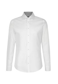 Camicia da uomo bianca a manica lunga con chiusura a bottoni frontale e colletto classico con una discreta fodera interna a motivo.