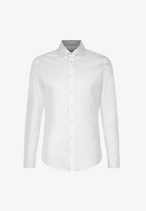 Weißes, Herren-Oberhemd mit langen Ärmeln, einer Knopfleiste vorne und einem klassischen Kragen mit dezent gemustertem Innenfutter.