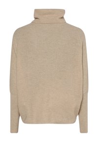 Beżowy prążkowany sweter z golfem, z długimi rękawami, obniżonymi ramionami, luźnym krojem i miękką fakturą. Posiada wysoki kołnierz dla dodatkowego ciepła.