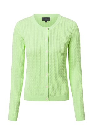 Lichtgroene cardigan met een geribbelde textuur, ronde halslijn en knoopsluiting aan de voorkant. Heeft lange mouwen en een subtiel gebreid patroon.