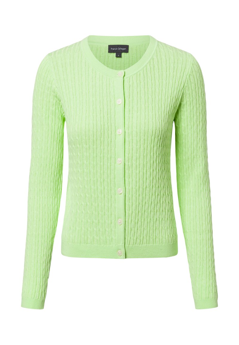 Hellgrüner Cardigan mit gerippter Textur, rundem Halsausschnitt und Knopfverschluss. Mit langen Ärmeln und subtil gemustertem Strickdesign.