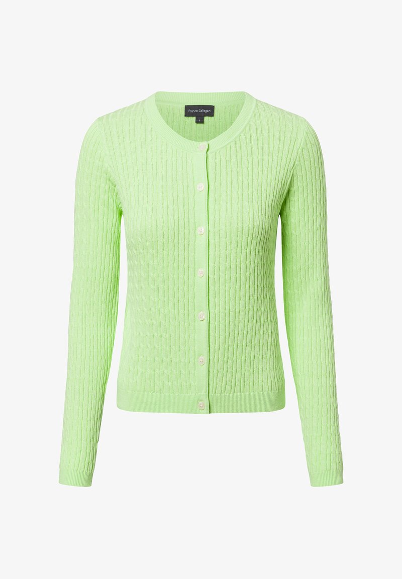 Hellgrüner Cardigan mit gerippter Textur, rundem Halsausschnitt und Knopfverschluss. Mit langen Ärmeln und subtil gemustertem Strickdesign.