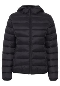 Doudoune noire avec capuche, fermeture à zip et design matelassé avec rembourrage horizontal pour l'isolation et la chaleur.