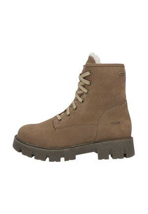 Braune Leder-Schnürstiefelette mit flauschigem Futter, Gummisohle und beigen Schnürsenkeln. Verfügt über eine abgerundete Zehenpartie und ein Markenlogo an der Seite.