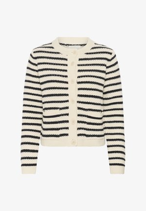 Kootud kardigan kreemjas värvuses mustade triipudega. Omab ümarat kaela, nupuvärvust ja tekstuurset kangast. Kaasa tuleb kaks esist taskut.