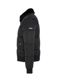 Veste matelassée noire avec col doublé de fourrure, poche zippée sur le côté gauche, poignets côtelés et coupe décontractée. Logo Schott sur la manche.