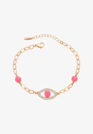 Bracciale in metallo color oro con design a catena collegata, caratterizzato da perle circolari rosa e un motivo centrale a occhio decorato con pietre trasparenti.