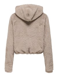 Veste courte à capuche beige en tissu doux et duveteux. Comprend des manches longues et un ourlet élastiqué. Surface texturée sans attaches visibles.
