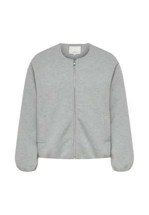 Giacca grigia chiaro con zip, collo rotondo, maniche lunghe con polsini elastici e due tasche laterali, mostrata su sfondo bianco.