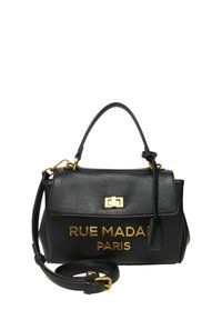 Borsa a tracolla in pelle nera con hardware dorato. Presenta una maniglia superiore, una tracolla regolabile e una marcatura a caldo del marchio: "RUE MADAME PARIS."