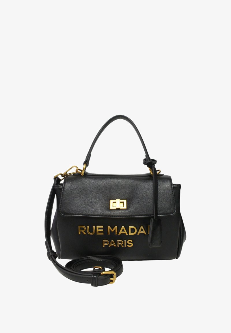 Borsa a tracolla in pelle nera con hardware dorato. Presenta una maniglia superiore, una tracolla regolabile e una marcatura a caldo del marchio: "RUE MADAME PARIS."