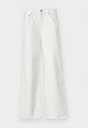 White denim flared jeans with a high waist, five-pocket design, and visible stitching. Features metal button and zipper closure.