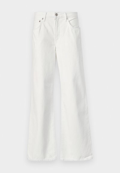White denim flared jeans with a high waist, five-pocket design, and visible stitching. Features metal button and zipper closure.