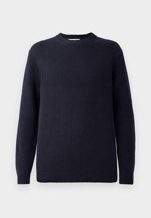 Tumesinise kudumisega sviiter ümmarguse kaeluse, soonikkoes randmete ja alläärega. Kangas on kaunistatud tekstuuriga mustriga.