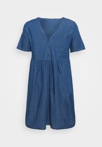 Jeansklänning, V-hals, korta ärmar, knappstängning, elastisk midja, knälängd, blå färg, slät textur, avslappnad design.