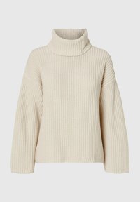 Pulover s turtleneck iz waffle pletenine v off-white barvi. Ima široke rokave in sproščen kroj ter teksturno tkanino za dodatno toplino.