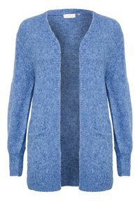 Světle modrý pletený kardigan s otevřeným předním dílem, dlouhými rukávy, dvěma předními kapsami a měkkou texturou. Ideální na vrstvení.