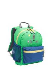 Sac à dos pour enfants vert et bleu avec poche zippée avant, poche latérale en filet, et des animaux de dessin animé sous un soleil sur le panneau avant.