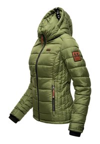 Green puffer jacket with a fitted design, hood, quilted texture, and black zipper. Features a brown leather logo patch and ribbed cuffs.