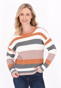 Maglione a righe in tonalità arancione, grigio, bianco e rosa; scollatura rotonda e maniche lunghe; morbido al tatto e vestibilità rilassata.