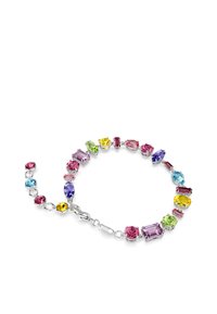 Colorful gemstone bracelet with various shapes in purple, pink, blue, green, and yellow, set in silver-tone metal with a lobster clasp.