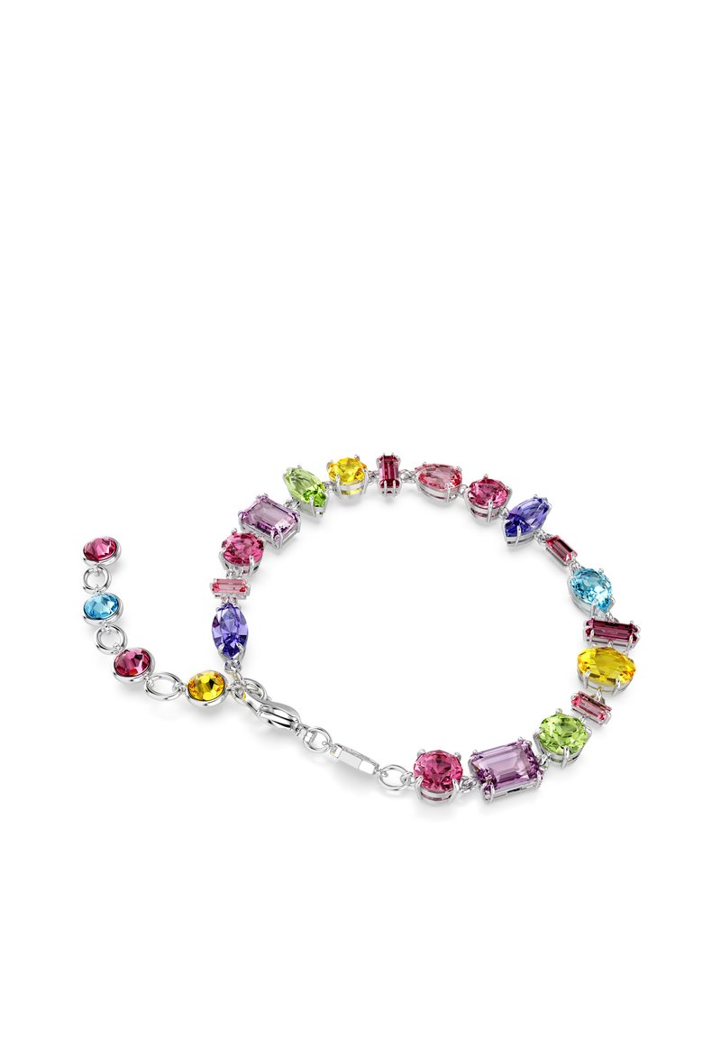 Colorful gemstone bracelet with various shapes in purple, pink, blue, green, and yellow, set in silver-tone metal with a lobster clasp.