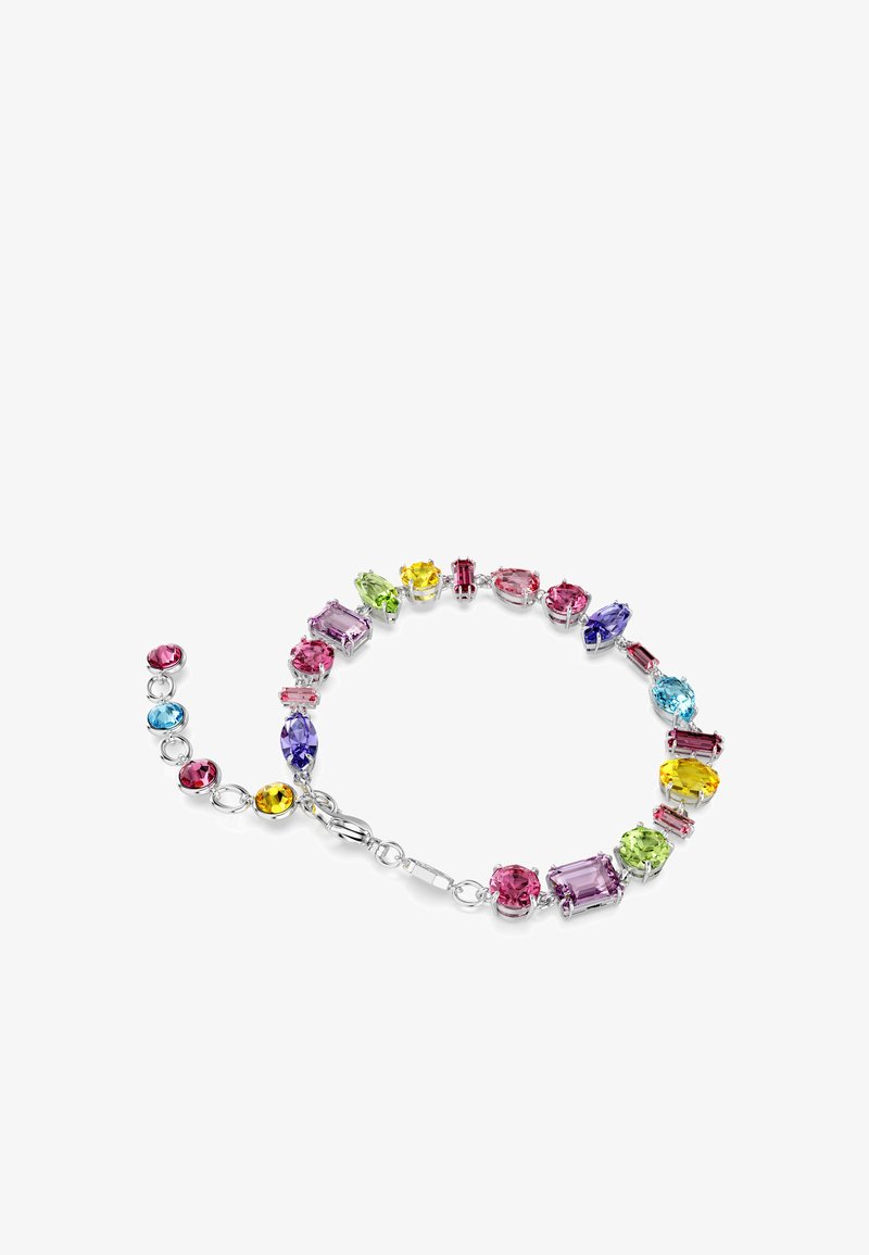 Colorful gemstone bracelet with various shapes in purple, pink, blue, green, and yellow, set in silver-tone metal with a lobster clasp.