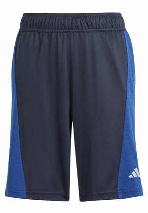Bermudas deportivas azul marino con paneles laterales azules, cintura elástica y un logo blanco de Adidas en la parte inferior de la pierna derecha. Tejido suave y transpirable.
