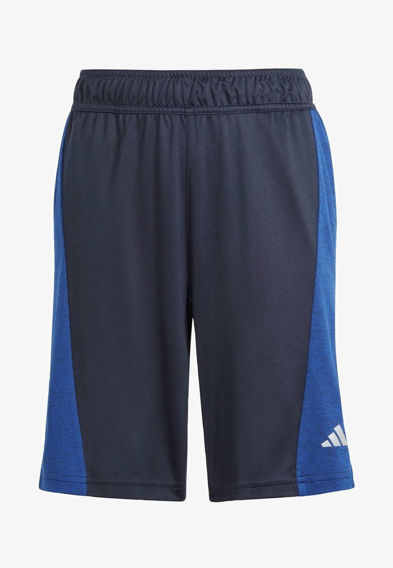 Bermudas deportivas azul marino con paneles laterales azules, cintura elástica y un logo blanco de Adidas en la parte inferior de la pierna derecha. Tejido suave y transpirable.