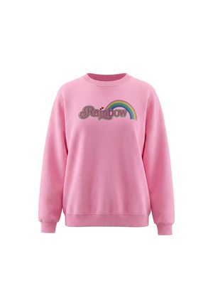 Lyserød langærmet sweatshirt med ribbet kant ved ærmer og bund, med ordet "Rainbow" og en flerfarvet regnbuegrafik på brystet.