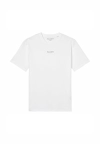 T-shirt blanc à manches courtes et col rond avec petit logo noir « Marc O'Polo » centré sur la poitrine.