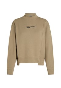 Khaki színű pulóver magas nyakkal, ejtett vállakkal és fekete "KARL LAGERFELD JEANS" logóval. Puha anyag, rövidített fazon és bordás mandzsetta.