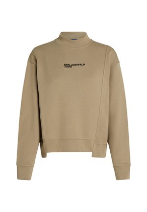 Sweatshirt kaki avec un col haut, des épaules tombantes et le logo noir "KARL LAGERFELD JEANS". Tissu doux, coupe courte et poignets côtelés.