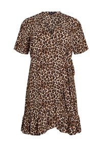 Leopardprint jurk met korte mouwen, V-hals, wikkelontwerp en ruches aan de onderkant. Gemaakt van zachte stof in een beige en bruine kleurschema.