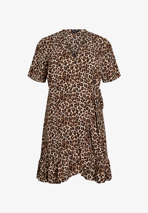 Leopardprint kjole med korte ærmer, V-udskæring, omslag design og flæsekant. Lavet af blødt stof med en beige og brun farveskala.