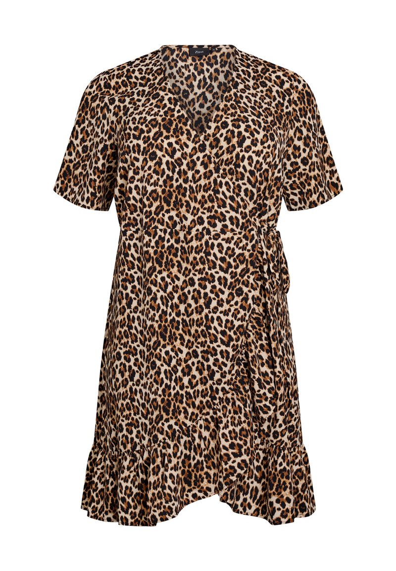 Leopardprint jurk met korte mouwen, V-hals, wikkelontwerp en ruches aan de onderkant. Gemaakt van zachte stof in een beige en bruine kleurschema.