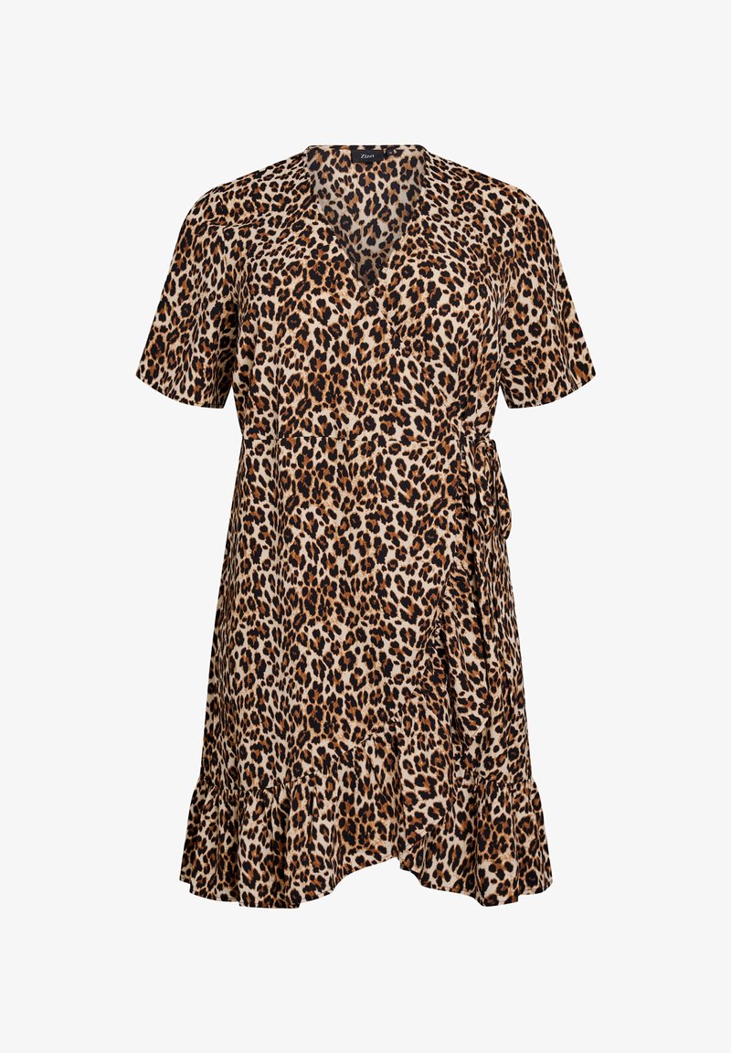 Leopardenmuster-Kleid mit kurzen Ärmeln, V-Ausschnitt, Wickeldesign und Rüschensaum. Hergestellt aus weichem Stoff in einer beige-braunen Farbkombination.