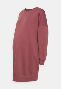 Abito felpa premaman in bordeaux, realizzato in morbido cotone misto. Presenta un collo rotondo, maniche lunghe e una vestibilità comoda, fino al ginocchio.