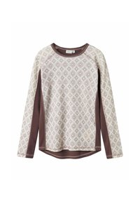 Langärmliges Oberteil in hellem Beige und Braun, mit einem Diamantmuster auf der Vorderseite und einfarbigen braunen Ärmeln. Weicher Stoff mit abgerundetem Saum.