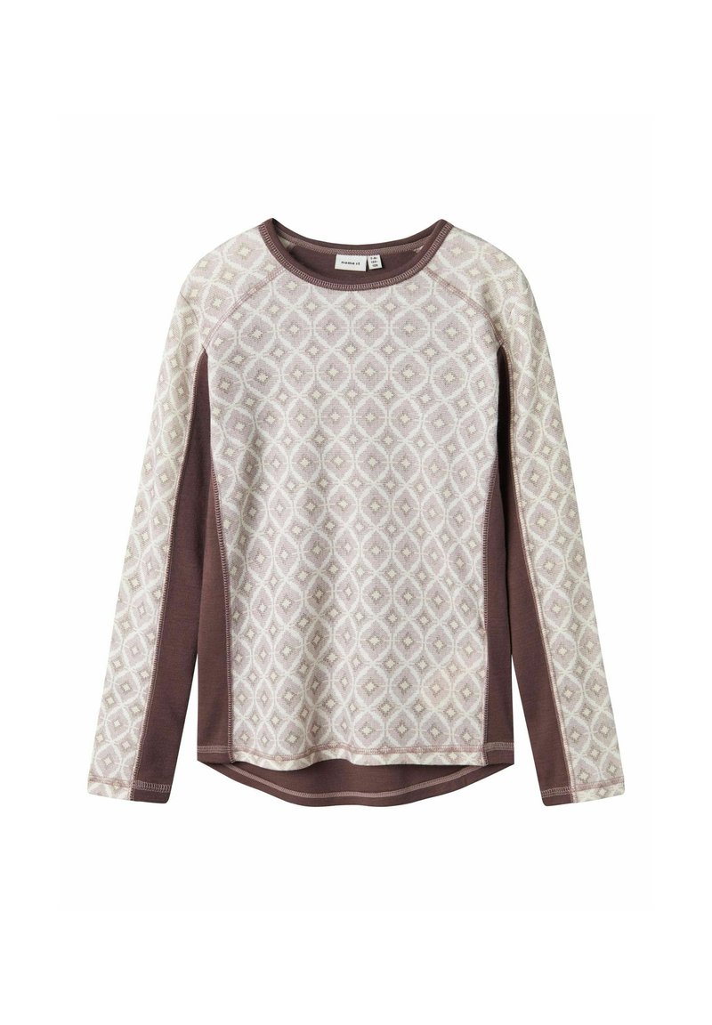 Langärmliges Oberteil in hellem Beige und Braun, mit einem Diamantmuster auf der Vorderseite und einfarbigen braunen Ärmeln. Weicher Stoff mit abgerundetem Saum.