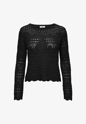 Black long-sleeve sweater with open knit pattern, scalloped hem, and crew neckline. Features textured design with various shapes throughout.