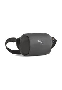 Gray pouch bag made from durable fabric, featuring a cylindrical shape, adjustable strap, and a silver Puma logo on the front.